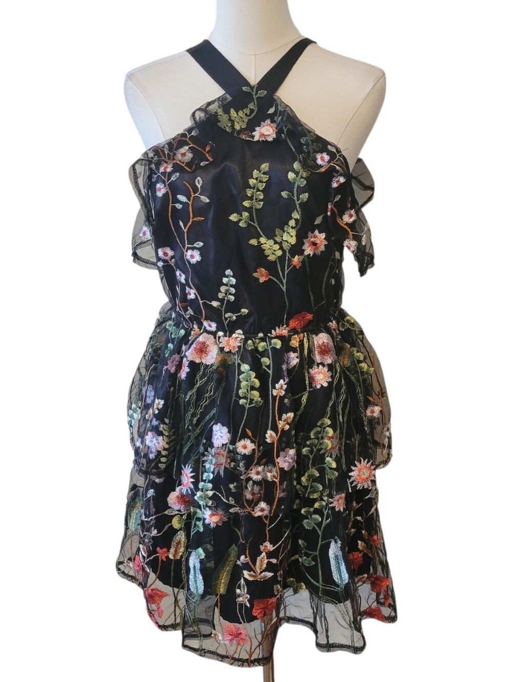 NWT L'Atiste Black Floral Embroidery Chiffon Mini Cocktail Dress Size Small - Picture 2 of 6